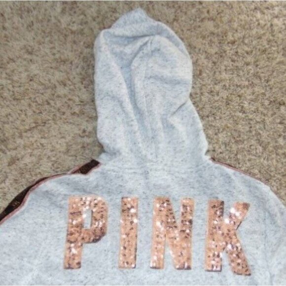 Womens Victorias Secret PINK Jacket Medium Zip Up Gray Gold Sequin Hoodie - Picture 6 of 6